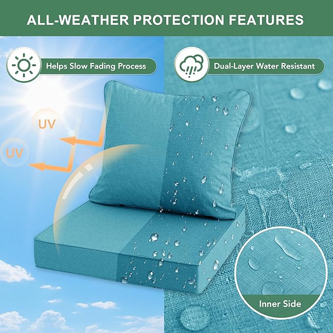 Summsun Faux Linen Outdoor Chair Cushions, Water Resistant Backrest and Deep Seat Cushion Set with Removable Cover, Straps, Non-Slip Bottom for Patio Furniture, 22 x 22 Inch, Teal, Set of 4