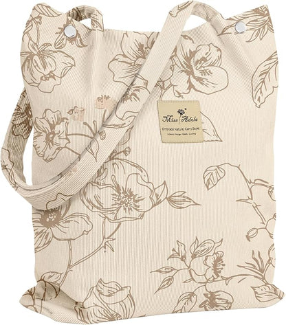 Miss Adola Corduroy Tote Bag for Women - Reusable Totes with Magnetic Buckle & Pocket Aesthetic Design Work Grocery Bags