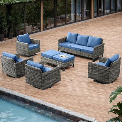Rilyson Wicker Outdoor Patio Furniture Set - 7 Piece Patio Conversation Set with 4 Swivel Rocker Chairs,2 Rattan Ottoman and 1 Couch for Outside Porch Deck Backyard(Mixed Grey/Blue)