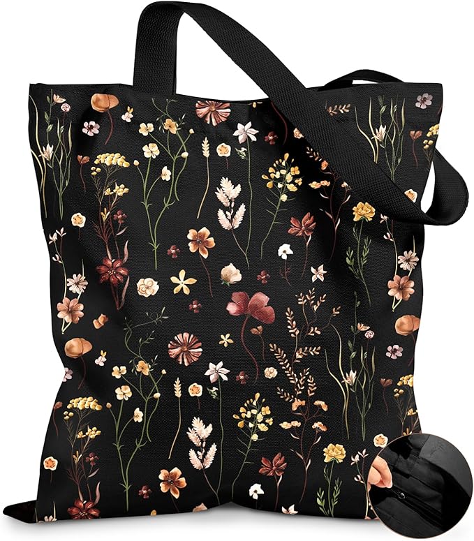 Miss Adola Canvas Tote Bag for Women – Aesthetic Canvas Bag with Zipper Cute Stylish Reusable Shoulder Totes for Shopping Work Daily Vacation, Black Grow Flower