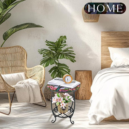 Cinnvoice Outdoor Side Table Round Small Mosaic Patio Accent Indoor End Plant Coffee Tea Table for Yard Patio Porch Garden Living Room, Bedroom(Hummingbird Style,12 Inch)