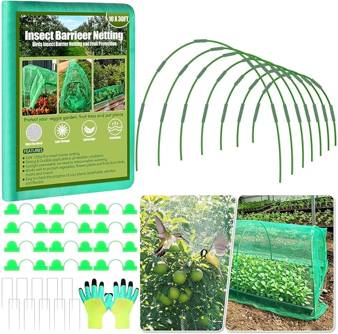 Cludoo Garden Mesh Netting Kit,7 Sets Wide Garden Hoops with 10x30 ft Garden Covers Bird Netting& 12 Clips, Garden Protection for Raised Beds Greenhouse Vegetable Plants Flowers Green
