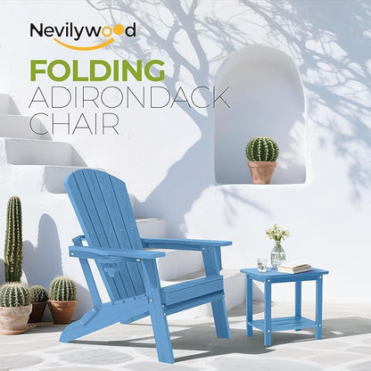 nevilywood Folding Adirondack Chair with Cup Holder,All-Weather Adirondack Chair,Patio Chair,HDPE-Wooden Textured Lawn Chair- Light Blue