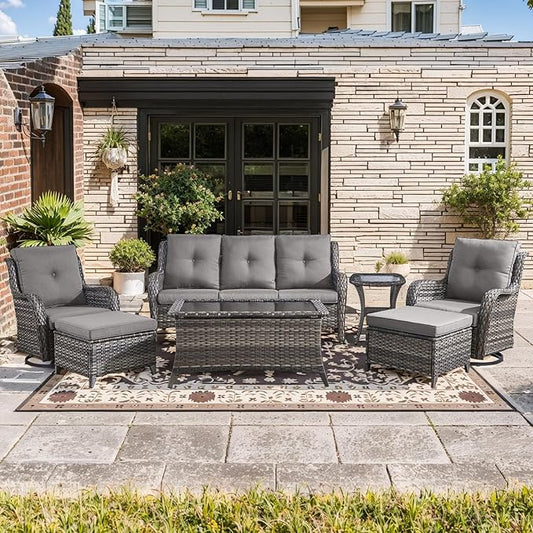 Wicker Patio Furniture-7 Pieces Rattan Patio Furniture Set Outdoor Patio Couch with Swivel Patio Chairs Ottomans and Coffee Table for Deck Poolside Backyard-Grey/Grey