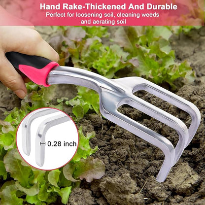 Garden Tools Set, 3 Pack Heavy Duty Gardening Tools Set Include Garden Shovel, Transplant Trowel and Hand Rake with Ergonomic Handle, Aluminum Alloy Lawn for Planting Tools, Red