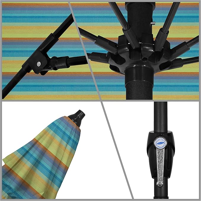 California Umbrella 9' Round Sunbrella Aluminum Outdoor Deck, Pool or Patio Umbrella, Crank Lift, Auto Tilt, Bronze Pole, Astoria Lagoon