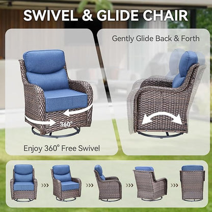 HUMMUH Outdoor Patio Wicker Swivel Rocker Chairs Set of 2 with 6-Inch Thick Cushion High Back Wicker Conversation Set for Porch Balcony Deck