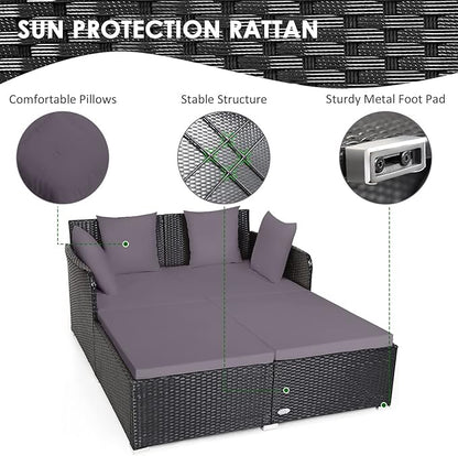 COSTWAY Outdoor Patio Rattan Daybed, Sponge Cushioned Loveseat Sofa with 4 Pillows, Wicker Furniture Sunbed for Balcony, Courtyard (Grey)