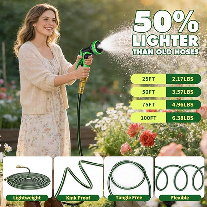 Gardentime Non-Expanding Garden Hose 100FT Flexible No Kink Water Hose, Leakproof Hybrid 5-Layer TPV with 3/4" Connectors & 10 Function Spray Nozzle, Lightweight Portable Water Pipe for Lawn Yard