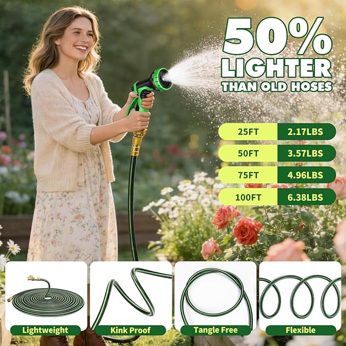 Gardentime Non-Expanding Garden Hose 25FT Flexible No Kink Water Hose, Leakproof Hybrid 5-Layer TPV with 3/4" Connectors & 10 Function Spray Nozzle, Lightweight Portable Water Pipe for Lawn Yard