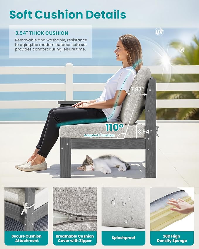 SERWALL 2 Pieces Patio Sofas, HDPE Outdoor Conversation Set with Cushions and Ottoman, Modular Sectional Patio Furniture for Backyard, Deck, Garden, Poolside, Grey Frame with Khaki Cushion