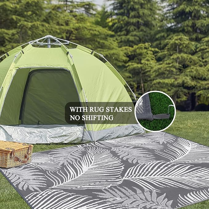 Pauwer Waterproof Outdoor Rug 8x10, Reversible Plastic Straw Patio Camping Rug, Indoor Outdoor RV Mat Carpet for Deck, Camper, Porch, Balcony, Backyard, Picnic, Leaf Grey