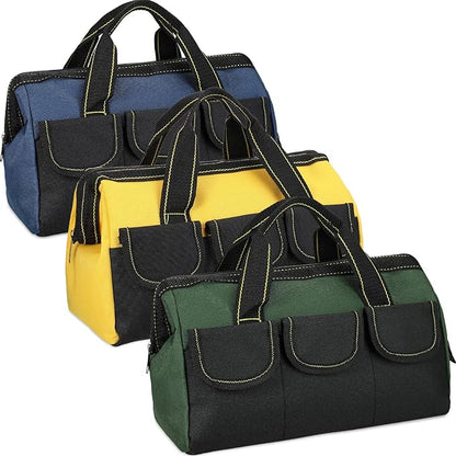 Sanwuta 3 Pack Tool Bag for Men with Waterproof Hard Bottom, Heavy Duty Tool Bag Wide Mouth Tote for Various Instrument, Electrician Carpenter Mechanic(Blue, Green, Yellow,16 Inch,Classic)