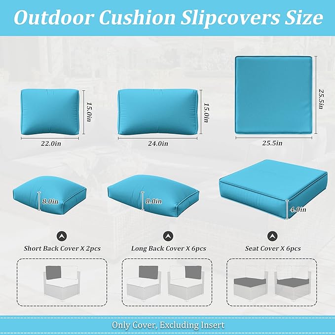 14 Pcs Outdoor Cushion Slipcovers Patio Cushion Covers Replacement Waterproof with Zipper for Outdoor Furniture, Patio Sofa Couch 3 Sizes, Covers Only
