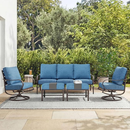 MFSTUDIO 5 Pieces Patio Conversation Sets,Outdoor Metal Furniture Sofas with 1 x 3-Seat Sofa, 2 x Swivel Chairs,2 x Ottoman,Wrought Iron Frame with Peacock Blue Cushion for Patio Courtyard Balcony