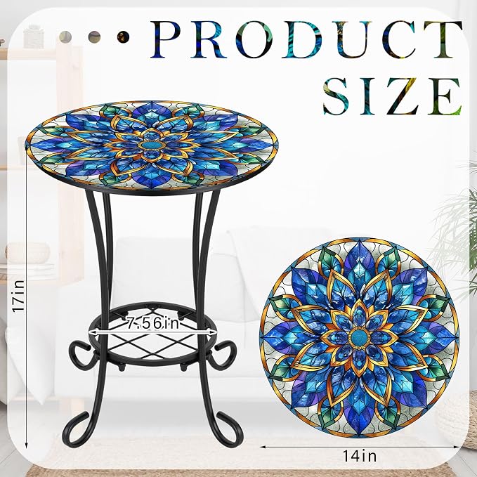 Cinnvoice Outdoor Side Table 2-Tier Round Small Mosaic Patio Accent Indoor End Plant Coffee Tea Table for Yard Patio Porch Garden Living Room, Bedroom (Mandala Style,14 Inch)