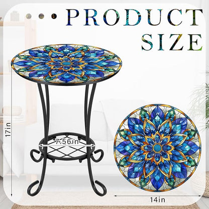 Cinnvoice Outdoor Side Table 2-Tier Round Small Mosaic Patio Accent Indoor End Plant Coffee Tea Table for Yard Patio Porch Garden Living Room, Bedroom (Mandala Style,14 Inch)