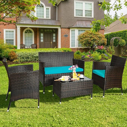 HAPPYGRILL 4-Piece Patio Furniture Set Rattan Wicker Conversation Set with Cushioned Sofa and Coffee Table for Outdoor Backyard Garden Poolside