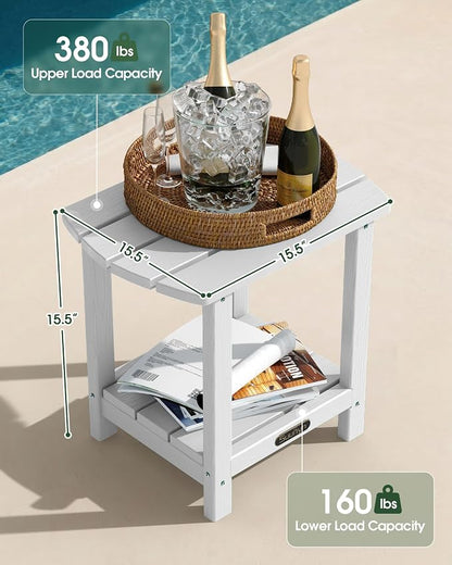 Outdoor Side Table – 2-Tier HDPE Adirondack Side Table, Sturdy Small Outdoor Tables, Weather-Resistant & Easy Assembly Patio End Tables for Garden, Balcony, Porch & Poolside (White)