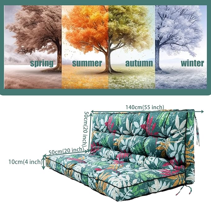 Replacement Cushions for Swing, Swing Cushions 3 Seater Replacement, Waterproof Thicken Washable Pad Cushion for Outdoor Indoor Furniture Swing Patio (Green Leaves, 40x55 inch)
