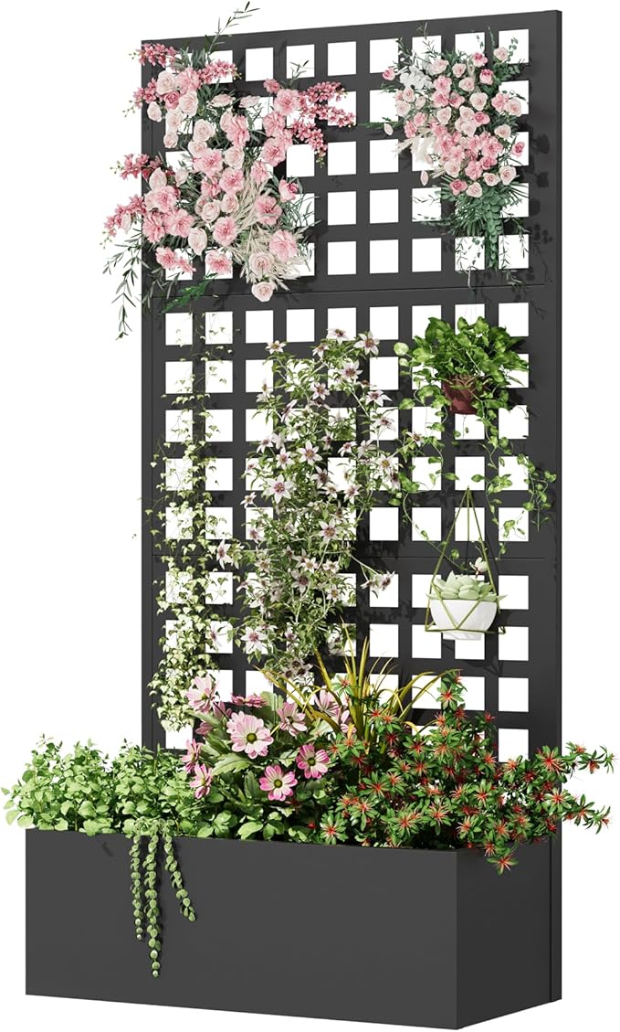 Metal Planter Box with Trellis, 71"x 35"x 16" Raised Garden Bed with Trellis, Planter Box Trellis with Privacy Screen and Drainage Holes, Black