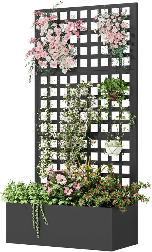 Metal Planter Box with Trellis, 71"x 35"x 16" Raised Garden Bed with Trellis, Planter Box Trellis with Privacy Screen and Drainage Holes, Black
