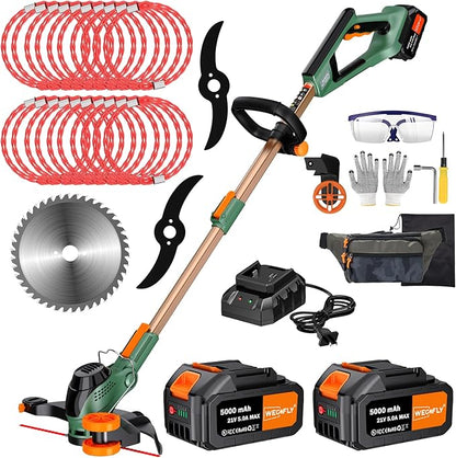 12-Inch String Trimmer Cordless,(2 x 21V 5.0Ah Batteries & Charger), Trimmer/Edger/Brush Cutter 3-in-1, Electric Weed Wacker with 2x2 Mowing Grass System, 3 Cutting Methods(WEG21A)