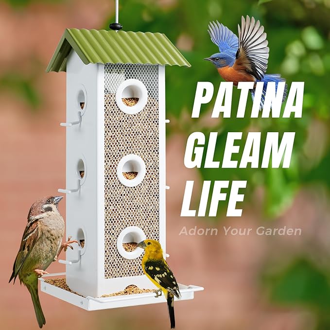 Squirrel-Proof Bird Feeder for Outdoors Hanging | 14-Port Multi-Bird Viewing | All Metal, Waterproof & Easy-Clean | Attracts Cardinals, Finches, Chickadees & More (Crisp White & Green)