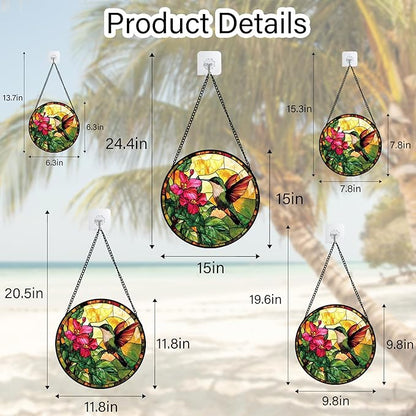 Stained Glass Suncatcher, Hummingbird Red Flowers Green Leaves Sun Catcher Stain Glass Window Hanging Decoration Mother's Day Birthday Gifts for Bird Lover Women Men Mom Nana 7.8 in