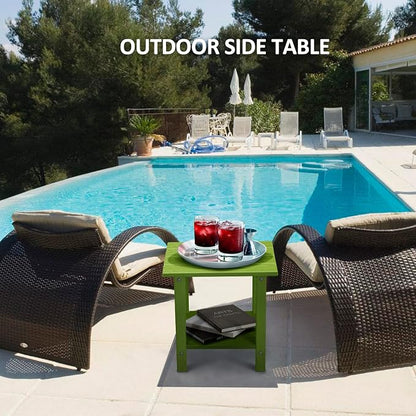 Adirondack Outdoor Side Table with Wood-Like Grain, 16.6" Small Patio End Table, 2-Tier HDPE Plastic Table for Poolside Porch Garden, Weather Resistant & Easy Assembly (Lime, Rectangle)