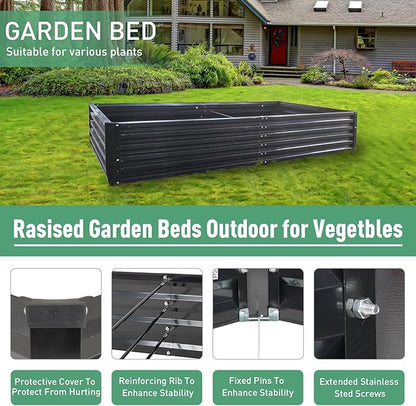Metal Raised Garden Bed 8x4x1.5Ft Tall Outdoor Large Metal Galvanized Planter Boxes Kit for Vegetables, Flowers and Herbs,Garden Beds with 2Pcs Tomato Cage 1Pc Gloves,Black