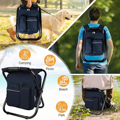Kikerike Backpack Stool Cooler Chair Heavy Duty 300 LBS Max Load Portable Lightweight Stool Backpack Folding Fishing Cooler Seat for Camping Hunting Fishing - Navy Blue