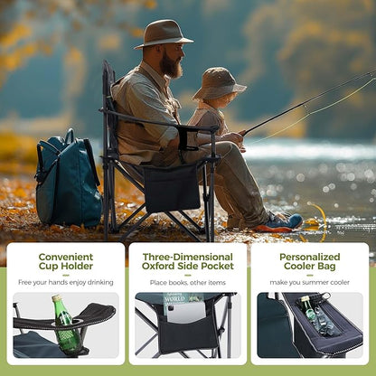 ALPHA CAMP Heavy Duty Camping Chair 500LBS Capacity, Oversized Folding Chair for Heavy People, Padded Portable Outdoor Chair with Cooler Bag & Cup Holder for Camping, Fishing, Beach