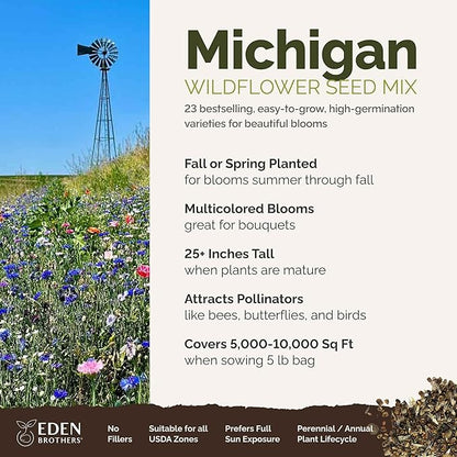 Eden Brothers Michigan Wildflower Mixed Seeds for Planting, 5 lb, 2,400,000+ Seeds with Cornflower, Sweet William, Cosmos | Attracts Pollinators, Plant in Spring or Fall, Zones 3, 4, 5, 6, 7, 8, 9, 10