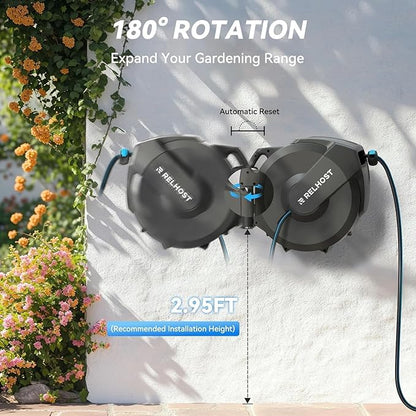 Relhost Retractable Garden Hose Reel, 1/2 in x 100 ft Wall Mount Heavy Duty Hose Reel with Any-Length Lock, Auto Rewind System, 180° Swivel Bracket, and 10-Pattern Nozzle for Garden, Dark Grey