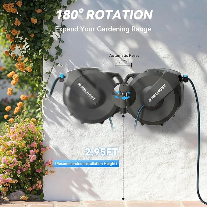Retractable Garden Hose Reel, 5/8 in x 65 ft Wall Mount Heavy Duty Hose Reel with Any-Length Lock, Auto Rewind System, 180° Swivel Bracket, and 10-Pattern Nozzle for Garden, Dark Grey