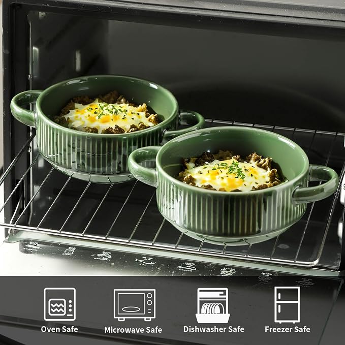 Soup Bowls with Handles, 23 oz French Onion Soup Crocks, Stackable Soup Bowl Oven Safe for Chili, Beef Stew, Embossment Ceramic Bowl Set - 5.4 Inch, Set of 4 (Green)