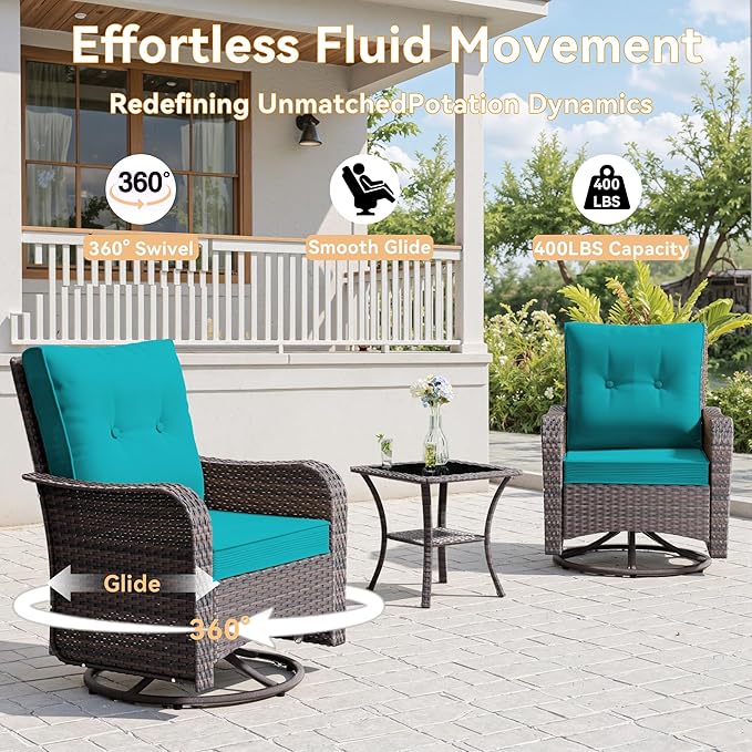 9 Pieces Outdoor Patio Furniture Set with 43" 55000BTU Gas Propane Fire Pit Table & Swivel Rocking Chairs, PE Wicker Rattan Outdoor Sectional Patio Set, Outdoor Patio Conversation Set, Blue