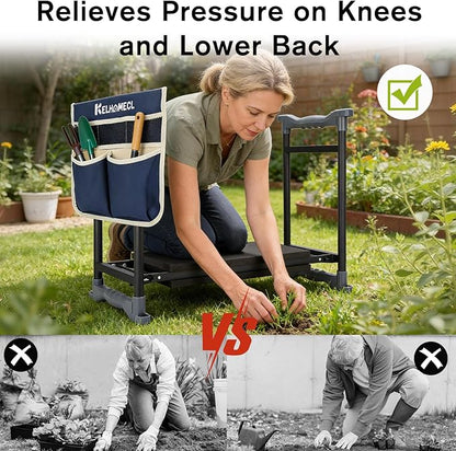 Garden Kneeler and Seat with Umbrella, 2-in-1 Foldable Gardening Stool with Adjustable Bracket, Detachable Tool Bags, Heavy Duty Kneeling Pad for Gardening (Beige Blue)