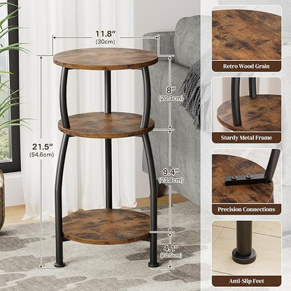 Small Round Side Table for Small Spaces, 3-Tier End Table with Storage Shelf, Slim Night Stand Sofa Corner Table for Living Room Bedroom, Patio and Corner, Rustic Brown