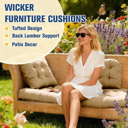 Patio Furniture Cushions Outdoor, Waterproof Wicker Chair Cushions Set of 3, 1 Loveseat & 2 Seat Pads, Thick Outdoor Replacement Cushions for Porch Lawn Bench Couch Sofa Swing, Khaki