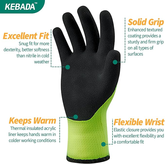 Kebada T3 Winter Work Gloves for Men and Women, Warm Knit Cold Weather Work Gloves, Thermal Insulated Freezer Gloves, 100% Latex Coating Non-slip Grip, Long Wrist Design, 3 Pairs, Green, XX-Large