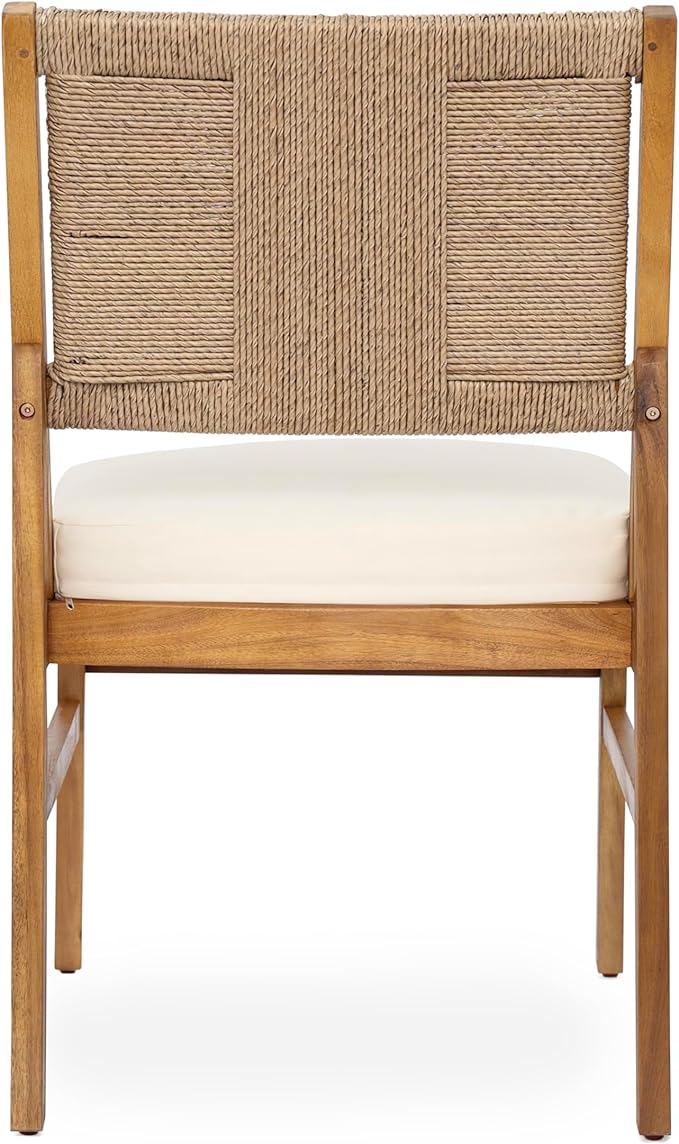 Christopher Knight Home Alan Outdoor Dining Chairs Set of 2, Wicker Woven Back Dining Chairs, Cushion Armless Chair, H Shaped Design Back, Acacia Wood Chair for Patio Poolside Garden, Teak+Cream