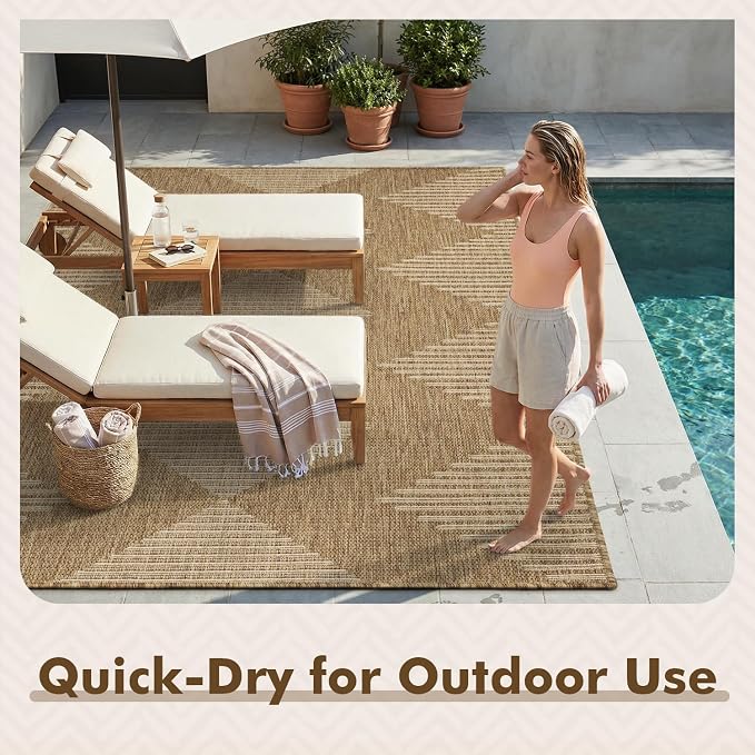 MontVoo-Outdoor Rug Carpet Patio Rug 4x6 ft Polypropylene Indoor Outdoor Rugs for Patio Deck Balcony Porch, Textured Weave, Durable for High Traffic, Fade-Resistant, Boho Geometric Neutral Brown