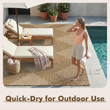 MontVoo-Outdoor Rug Carpet Patio Rug 8x10 Polypropylene Indoor Outdoor Rugs for Patio Deck Balcony Porch, Textured Weave, Durable for High Traffic, Fade-Resistant, Boho Geometric Neutral Brown