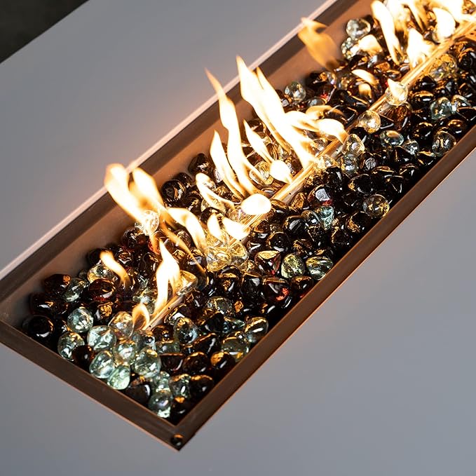 Mr. Fireglass 10 Pounds Blended Diamond Fire Glass, 1 inch High Luster Reflective Glass Rocks for Propane Fire Pit, Firepit Glass Mix for Patio & Landscape, Onyx Black, Crystal Ice, Amber