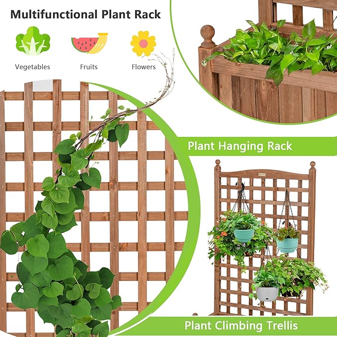Giantex Mobile Plant Raised Bed, Wood Planter with Lattice Trellis and Wheels, Flower Box for Plant Climbing, Vertical Garden for Balcony Patio Yard, 25"x11"x 50"