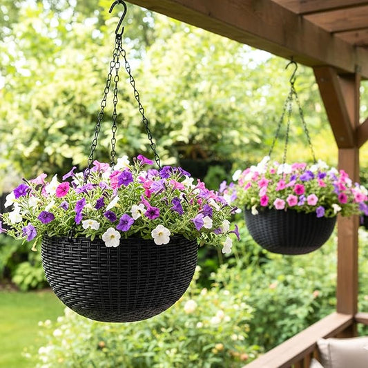 LaLaGreen Indoor Hanging Planters (11 Inch, 2 Pack) Self-Watering Hanging Basket with Water Level Indicator, Black Metal Chain Rattan Style Round Flower Pot for Deck Porch Garden Balcony Outdoor Decor