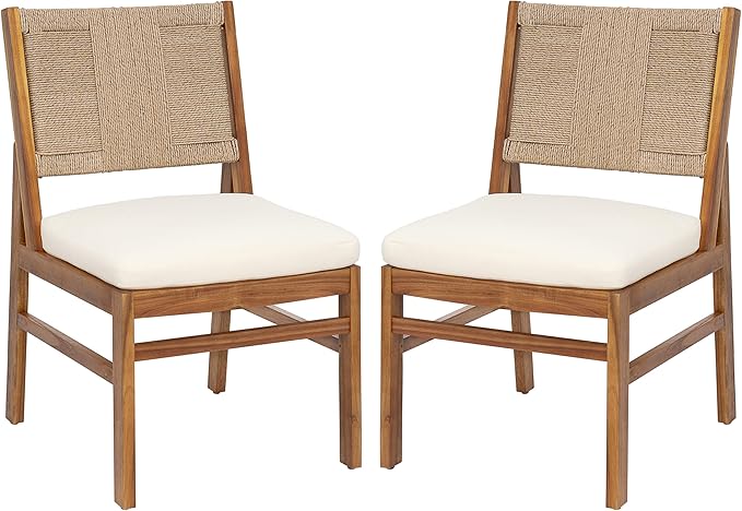 Christopher Knight Home Alan Outdoor Dining Chairs Set of 2, Wicker Woven Back Dining Chairs, Cushion Armless Chair, H Shaped Design Back, Acacia Wood Chair for Patio Poolside Garden, Teak+Cream