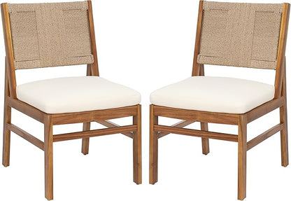 Christopher Knight Home Alan Outdoor Dining Chairs Set of 2, Wicker Woven Back Dining Chairs, Cushion Armless Chair, H Shaped Design Back, Acacia Wood Chair for Patio Poolside Garden, Teak+Cream